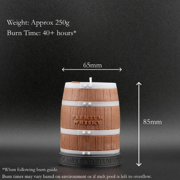 Wooden barrel-shaped candle with measurements and product details on a dark background