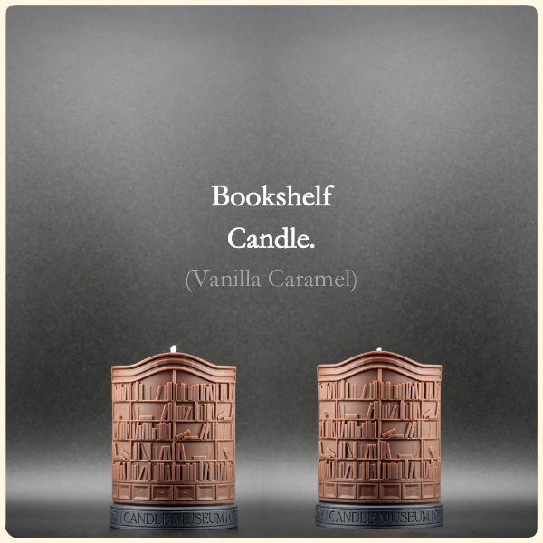 Two bookshelf-shaped candles with 'Vanilla Caramel' description on a gray background