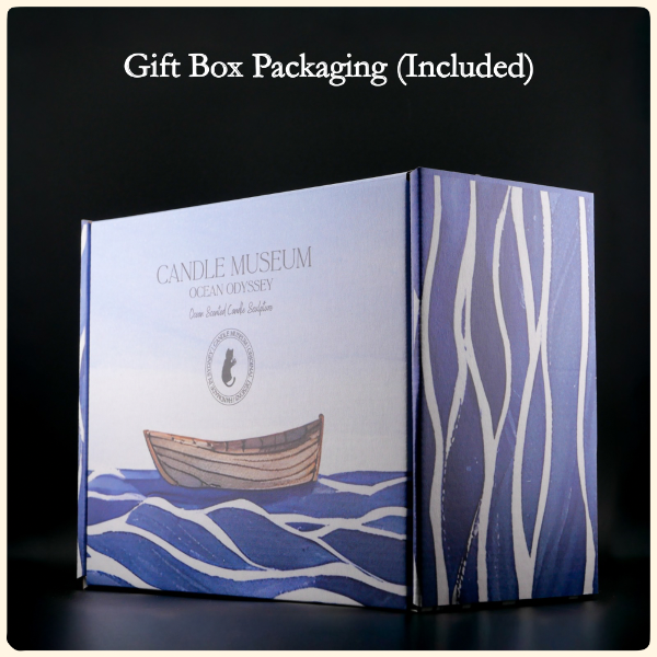 Gift box packaging with 'Candle Museum' branding and a boat illustration on a dark background