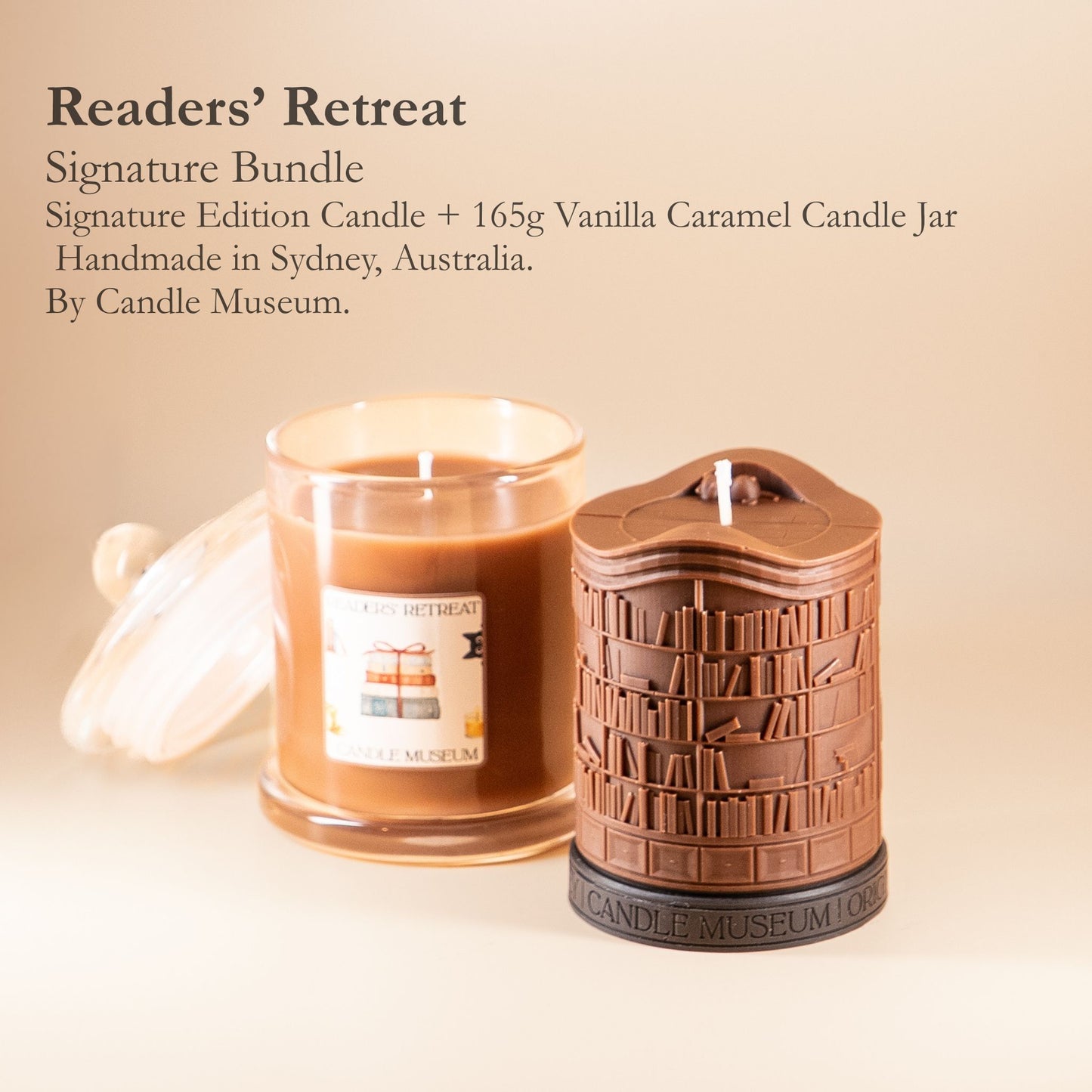 Candle and decorative container with 'Candle Museum' branding on a beige background