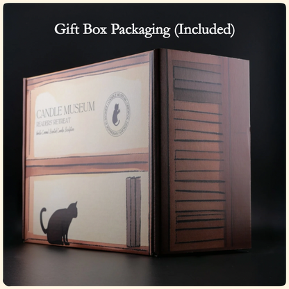 Gift box packaging with 'Candle Museum' branding and a cat silhouette on a dark background.