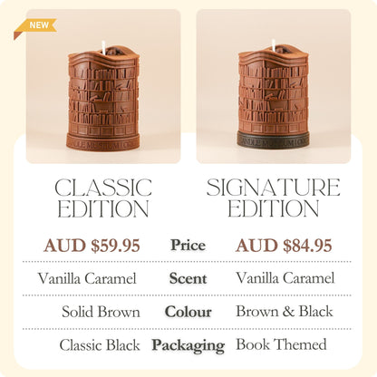 Two candle holders with pricing, scent, color, and packaging details on a beige background.