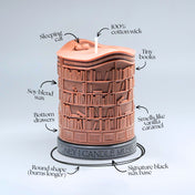 A bookshelf-shaped candle labeled with callout annotations including 'Sleeping cat' wick, '100% cotton wick,' 'Tiny books' compartments, 'Bottom drawers,' and scent notes. The candle is centered on a light gray background with a dark wax base reading 'CANDLE MUSEUM'.