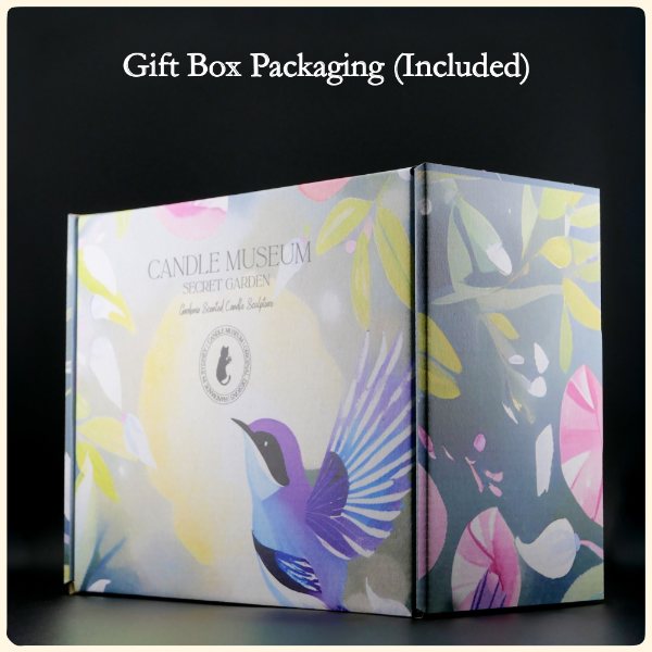 Candle Museum Secret Garden candle packaging with floral design and bird illustration on a black background.