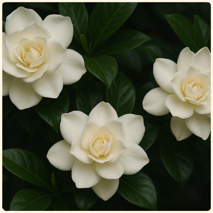 Three white flowers with green leaves on a dark background