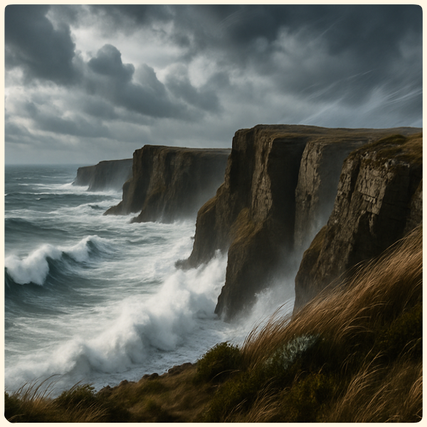 Stormy ocean waves crashing against rugged cliffs with dark clouds above.
