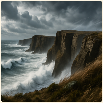 Stormy ocean waves crashing against rugged cliffs with dark clouds above.