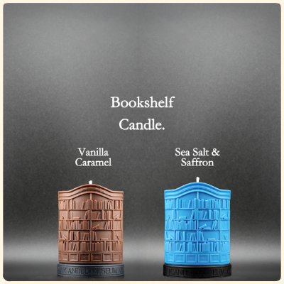 Two candles, one brown and one blue, with 'Bookshelf Candle' branding on a gray background.
