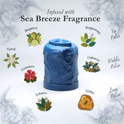 Blue candle with sea breeze fragrance description on a light gray background