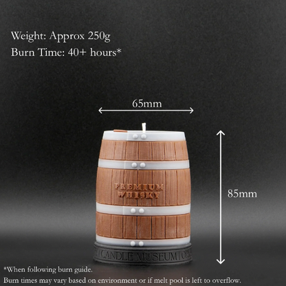Wooden barrel-shaped candle with measurements and product details on a dark background