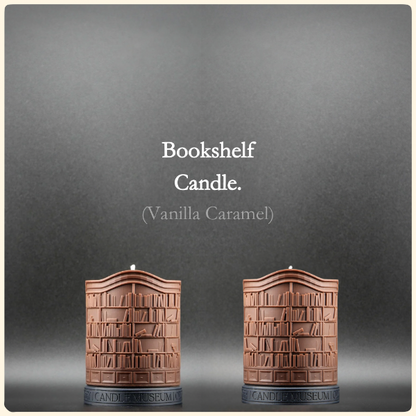 Two bookshelf-shaped candles with 'Vanilla Caramel' description on a gray background